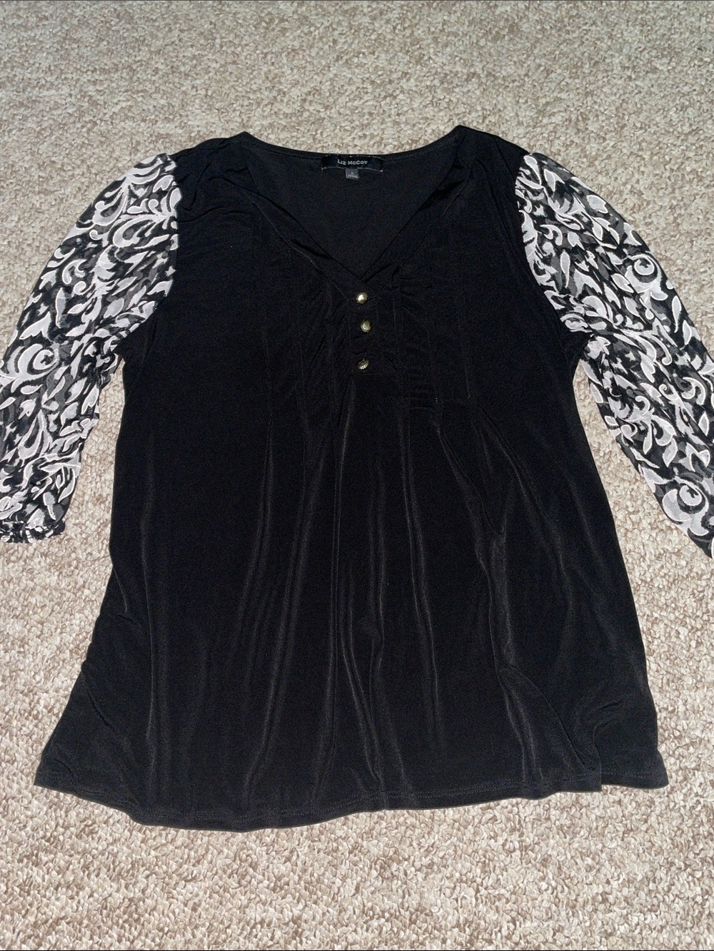 Black Velvet Tunic with Black-and-White Patterned Sleeves